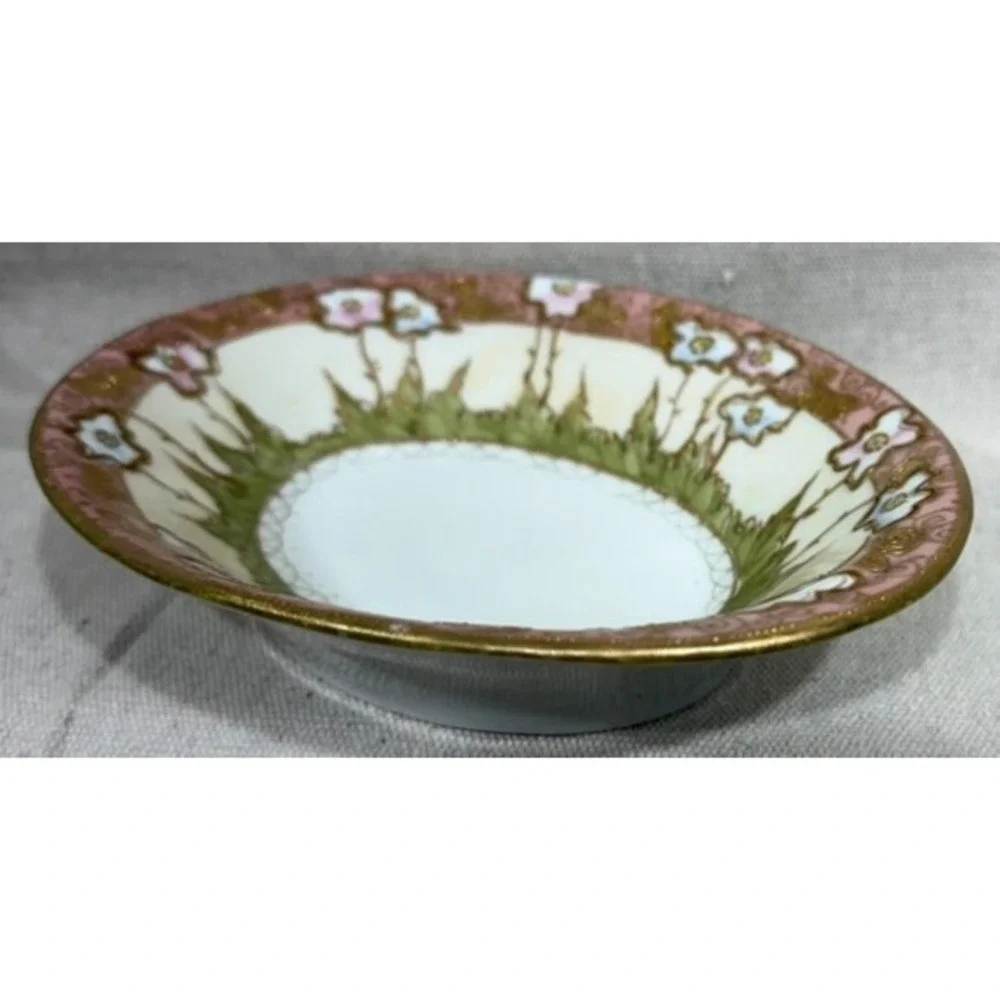 Antique Art Nouveau Hand Painted Floral Porcelain Oval Bowl Gold Moriage 1900s